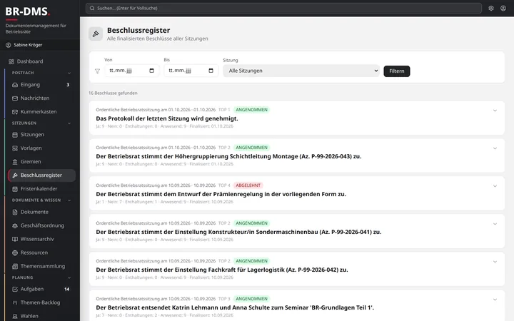 Screenshot Beschlussregister